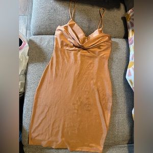 Bronze Draped Collar Spaghetti Strapped, Body Tight Dress